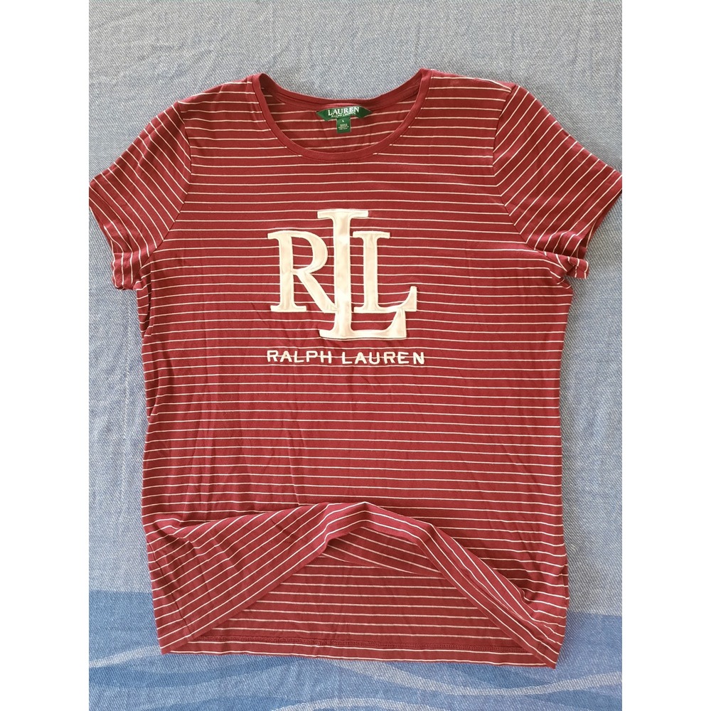 Lauren Ralph Lauren Womens Burgundy Striped RL Monogram Logo T-Shirt Large